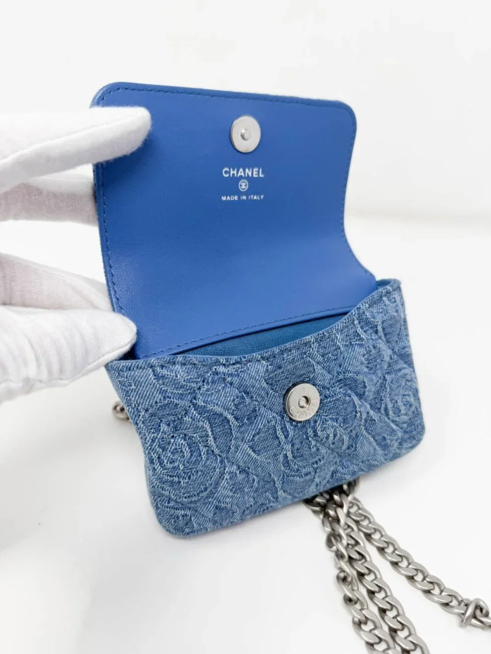 Chanel Denim Quilted Camellia SweetHeart Clutch with Chain